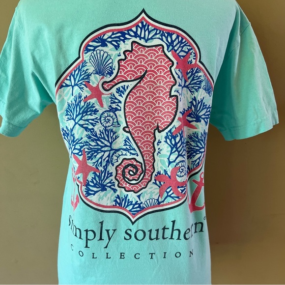 Simply Southern Small Green Pink Seahorse Star Anchor Ocean Beach Shirt - Picture 2 of 8